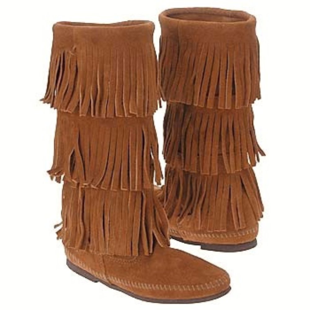 Coachella🤎Minnetonka 3 layer fringe boot moccasin size 8 womens boho festival